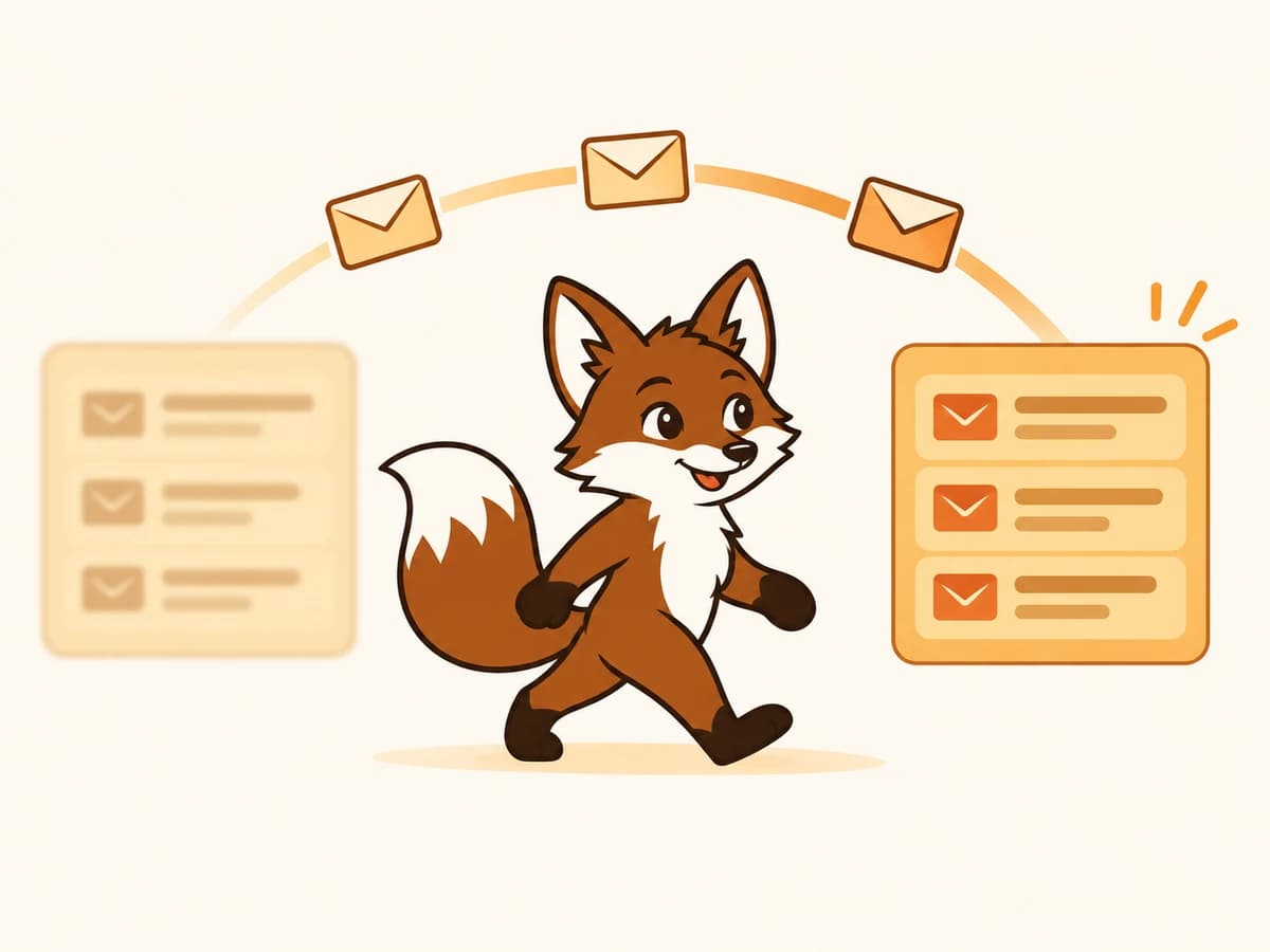 Envelopes move from one software tool to another while Warmi walks beside them