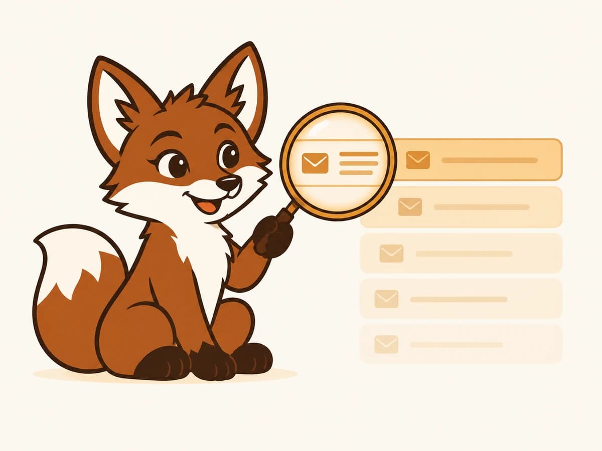 Warmi examines an email row with a magnifying glass