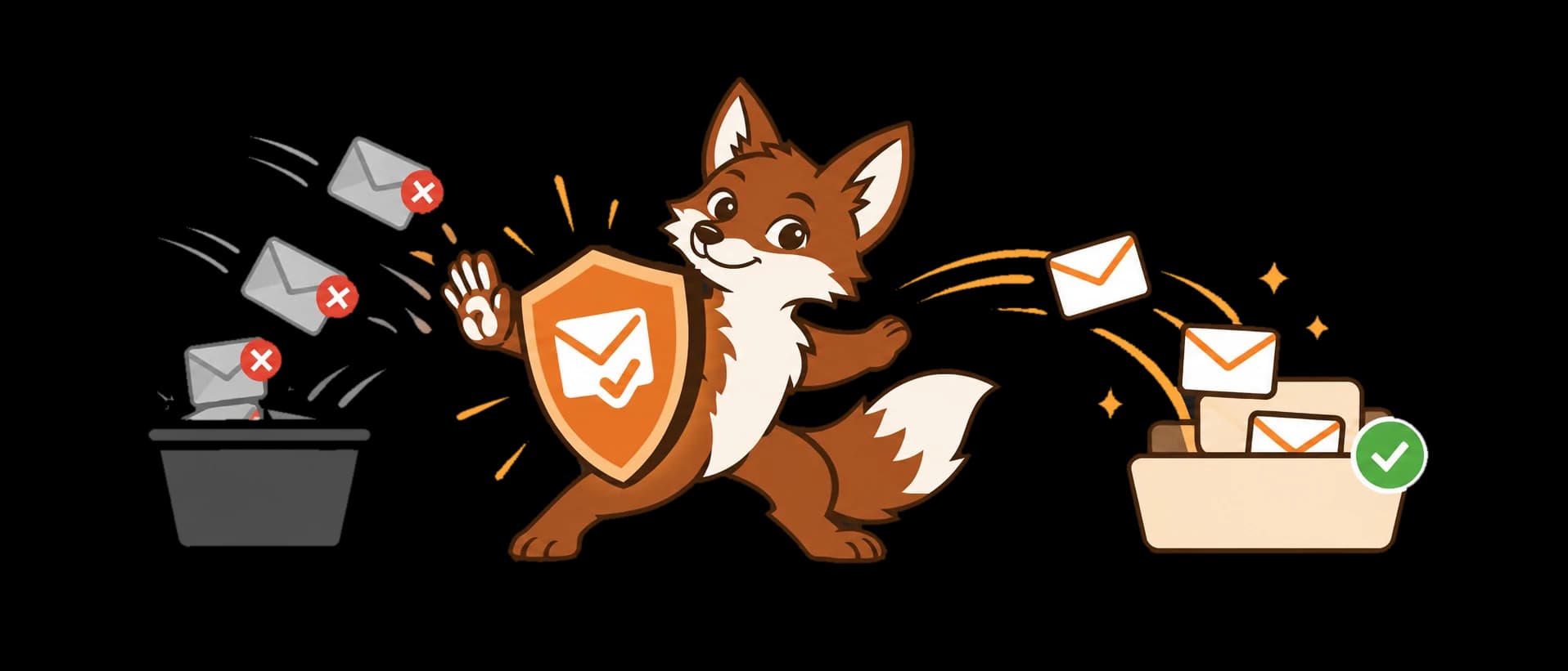 Warmi raising a shield to turn spam-flagged emails into the bin, while verified emails arc past into the inbox folder