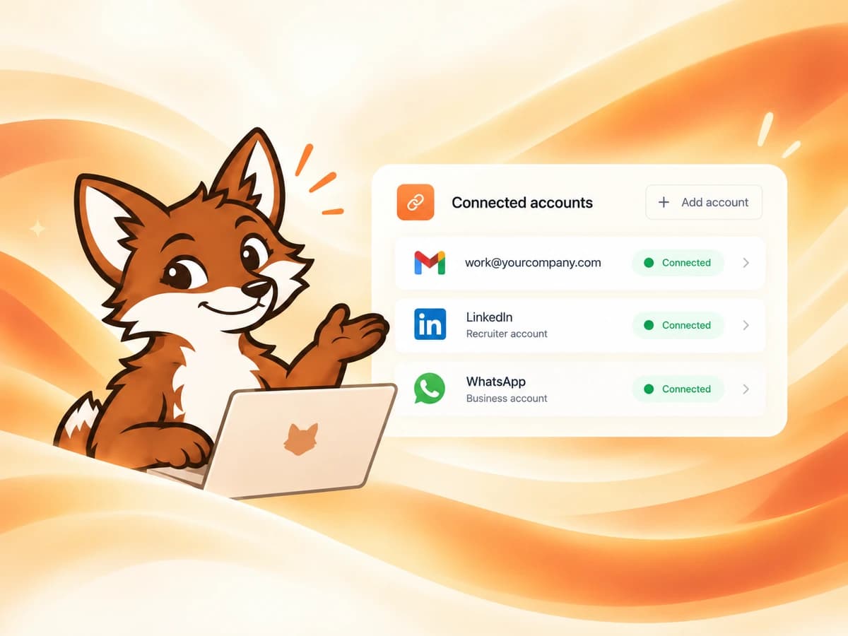 Warmi at a laptop beside a connected accounts panel showing a Gmail mailbox, a LinkedIn recruiter account and a WhatsApp business account, all connected