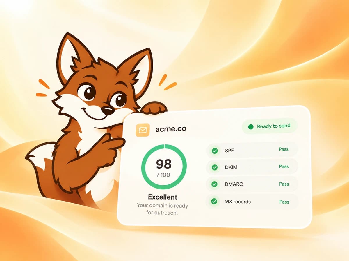 Warmi presenting a domain health card for acme.co scoring 98 out of 100 and marked ready to send, with SPF, DKIM, DMARC and MX records all passing