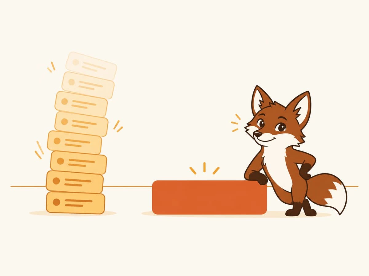 A tall leaning stack of separate per-mailbox charges beside one flat, level rate that Warmi rests a paw on